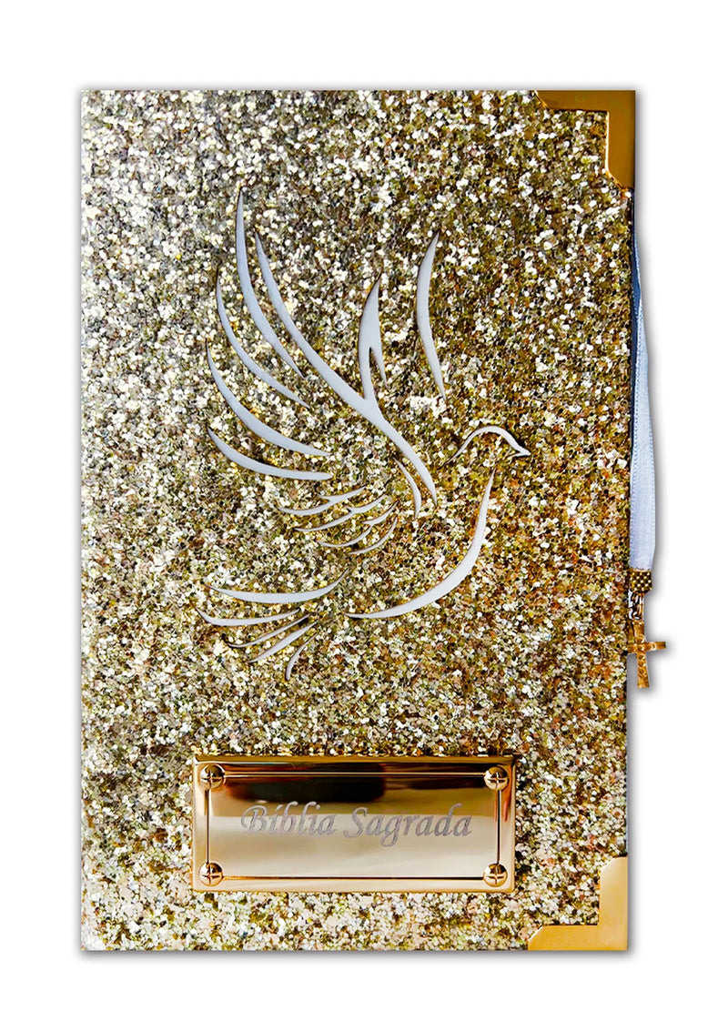 Bíblia Média Glitter Dourado Pombinha do Espírito + Cartela de índice + Placa grande