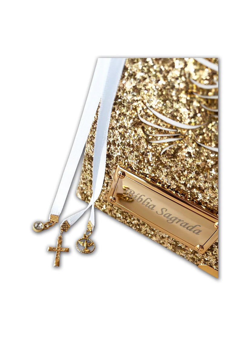Bíblia Média Glitter Dourado Pombinha do Espírito + Cartela de índice + Placa grande