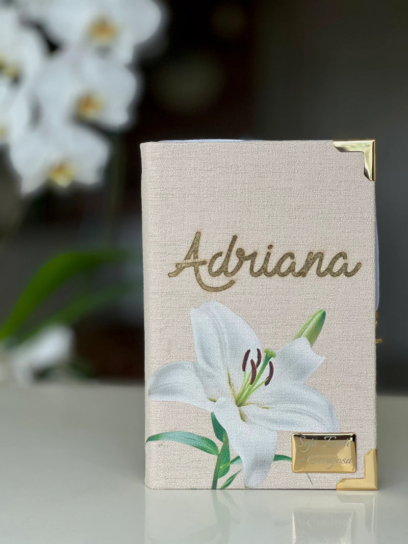 Bíblia Média Lírio em Linho + placa pequena + Cartela de índice