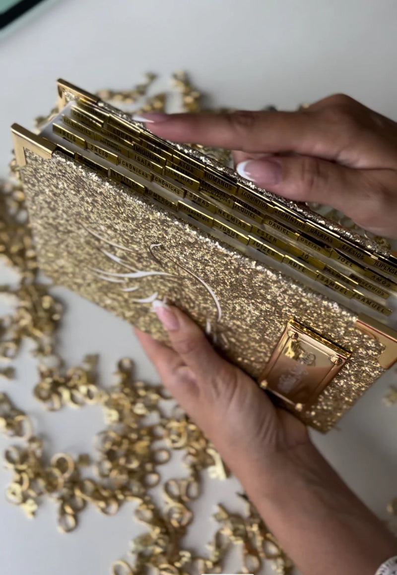 Bíblia Média Glitter Dourado Pombinha do Espírito + Cartela de índice + Placa grande